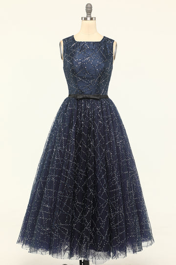 Glitter Navy Tulle Prom Kjole